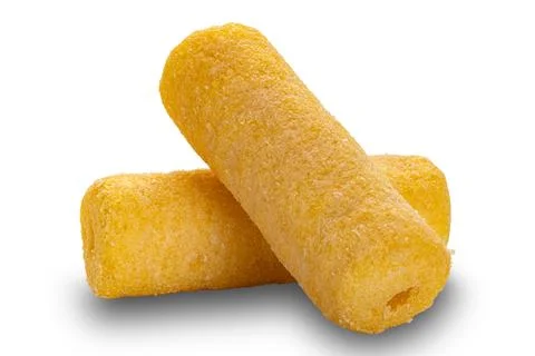 Closeup view of dried crispy roller corn snack isolated on white background. Stock Photos