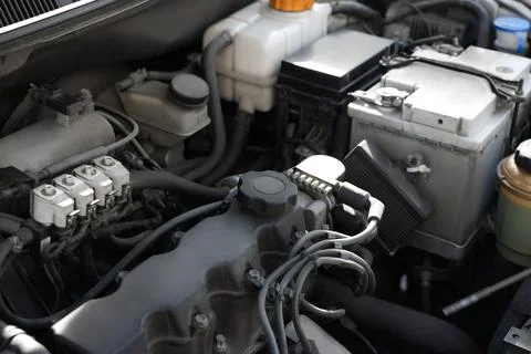 Closeup view of engine bay in modern auto Stock Photos
