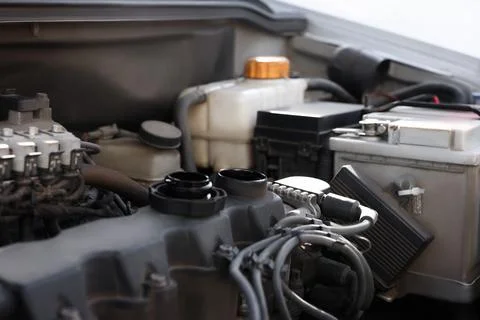 Closeup view of engine bay in modern auto Stock Photos
