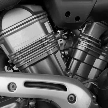 Closeup view of the engine block components of a high-powered motorcycle Stock Photos