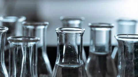 Closeup view of Erlenmeyer flasks inside a laboratory 스톡 사진