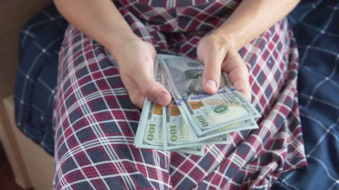 Closeup view of female hands counting money. Paper usd. Stock Footage 327449225