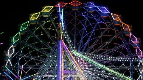 Closeup View of Ferris Wheel Lights at Indian Fair 스톡 동영상 318769295