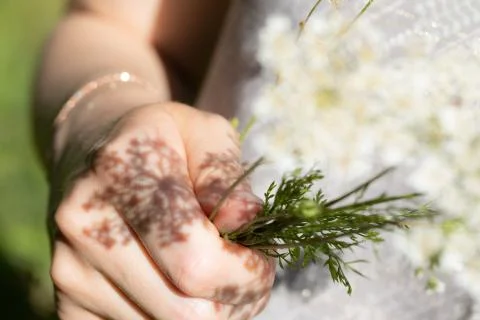 A closeup view of freshly picked spring flowers in the hand of a young girl w Fotos de archivo