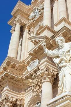 Closeup view of front facade of stunning Cathedral of Syracuse on Piazza Duomo Stock Photos