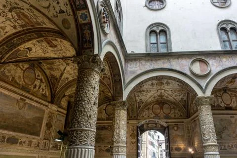 Closeup view of front of Palazzo Vecchio (Old Palace) in Florence Stock Photos