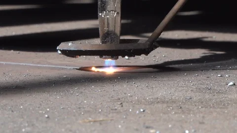 Closeup view of gas burner of cnc machine cutting metal sheet. Stock Footage 120752614