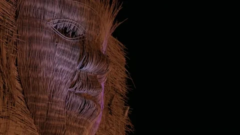 Closeup view, giant mask arts installation inspired by local culture Stock Footage 142122441