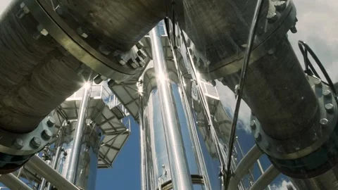 Closeup view gray, new, innovative equipment of a big factory with a shining  Stock Footage 132971887
