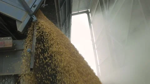 Closeup view gray, new, innovative equipment of a factory releasing corn seed Stock Footage 132972067