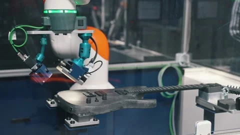 Closeup view of the guitar paint control using robot arm, modern technologies Stock Footage 274474051