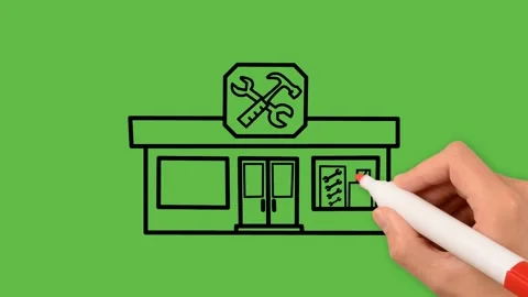 Closeup view of a hand drawing a hardware store on a green background Stock Footage 150091707