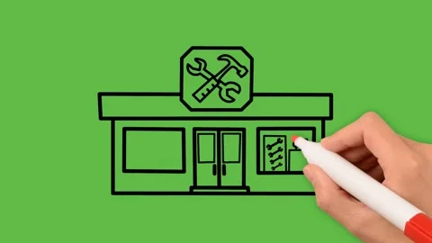 Closeup view of a hand drawing a hardware store on a green background Stock Footage 150091712