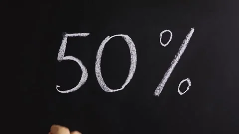 Closeup view of hand writing 50% on black chalkboard background. Stock Footage 310805658