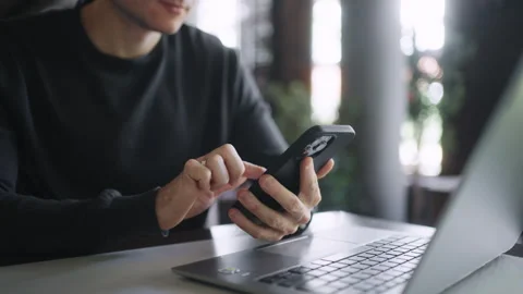 Closeup View Of Hands Of Man With Smartphone And Laptop In Cafe, Male Person Stock Footage 247974177