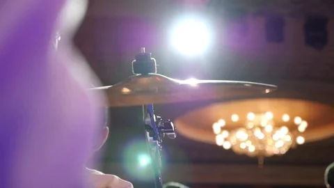 Closeup view of a hi hat cymbal played with a drumstick. Stock Footage