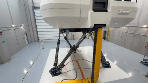 Closeup View of a High-Tech Full Motion Flight Simulator in Operation in a Stock Footage 337577317