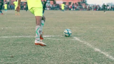 Closeup view of hitting kick corner soccer ball. Stock Footage 151305047