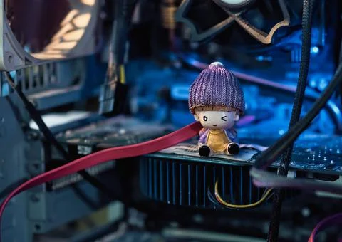 Closeup view of inside computer circuit board parts. Small child's toy winks. Stock Photos