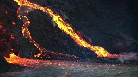 Closeup view of lava river after volcanic eruption at Fagradalsfjall, Iceland Stock Footage 154161145