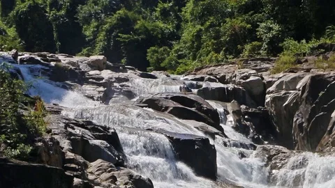 Closeup view of little waterfall on the river current in the moonlight ong Stock Footage 124579235