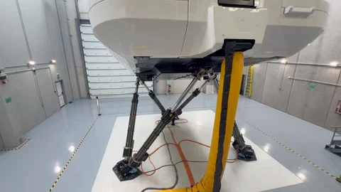 Closeup View of the Lower Part of an Advanced Full Motion Flight Simulator in a Stock Footage 337573314