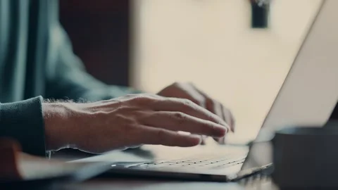 Closeup View Of Male Hands Typing Messages On Keyboard Of Modern Laptop Stock Footage 343408772