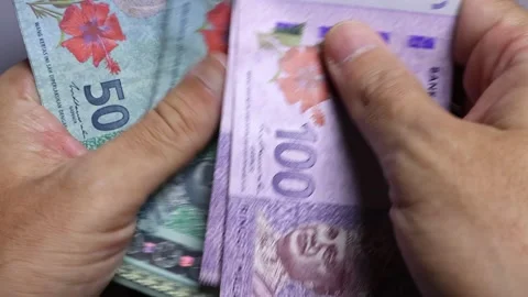 Closeup view of man's hands and wallet with Malaysian ringgit banknotes. Stock Footage 302270810