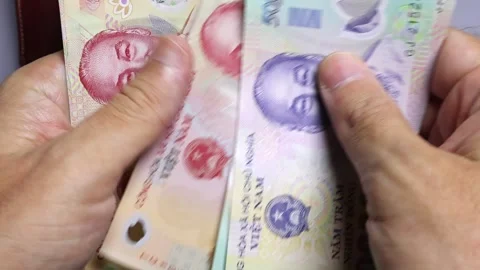 Closeup view of man's hands and wallet with vietnamese dongs banknotes. Stock Footage 302273342