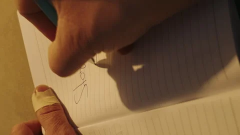 Closeup view of man's hands using pencil writing on note pad while sitting at Stock Footage 256966180