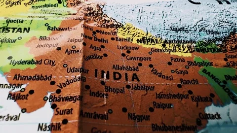 Closeup view of a map showing the indian subcontinent Stock Footage 340581142