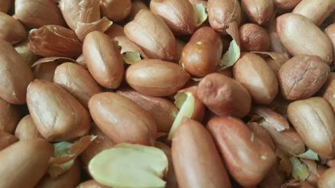 Closeup view of mixed, dried, roasted  peeled and unpeeled peanuts. A fruit f Stock Photos