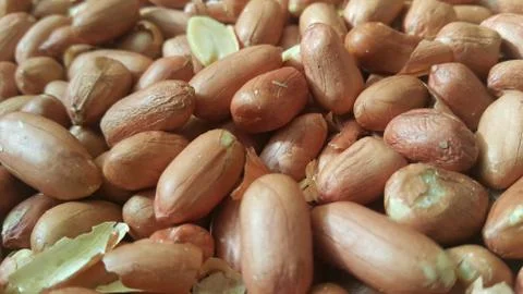 Closeup view of mixed, dried, roasted  peeled and unpeeled peanuts. A fruit f Stock Photos