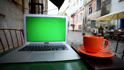 Closeup view of modern laptop with blank green screen on the table outside Stock Footage 163661354