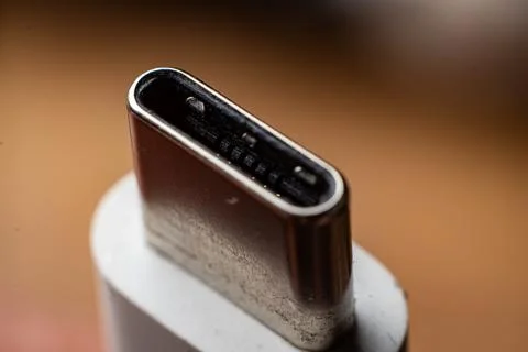 Closeup view of a modern USB-C connector highlighting its intricate design and Stock Photos