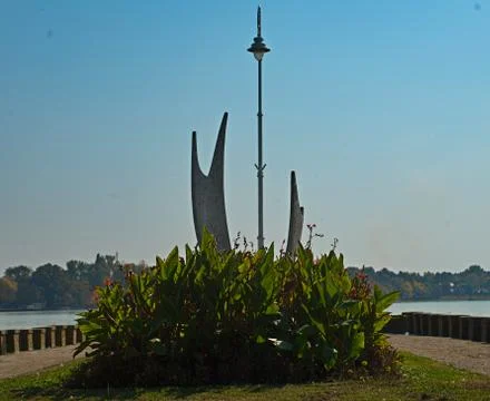 Closeup view on monument at boardwalk of Palic Lake, Serbia Stock Photos
