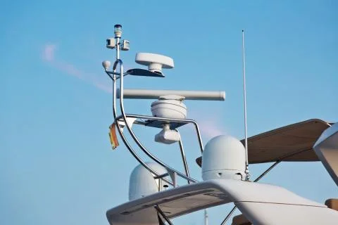 Closeup view of navigation radar system antennas Stock Photos