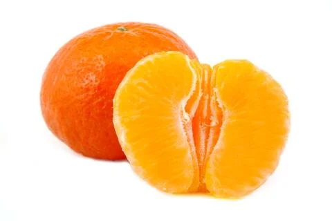 Closeup view of one and a half tangerine, orange fruit, citrus on white Stock Photos