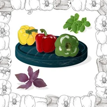 Closeup view pepper on white background, raw food ingredient concept. Hand ma Stock Illustration