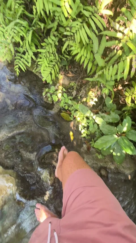Closeup view of person walking through shallow stream at Bua Tong Sticky Stock-Footage 330984649