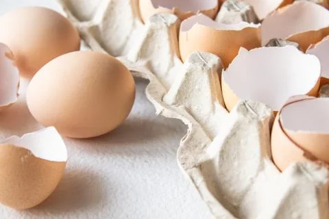 Closeup view of raw chicken eggs in an egg box Stock Photos
