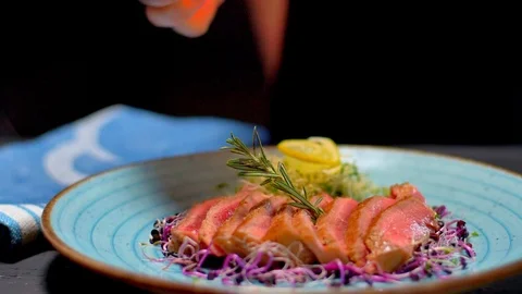 Closeup view of raw uncooked slice of meat and fresh vegetables with flames. bbq Stock Footage 123076327