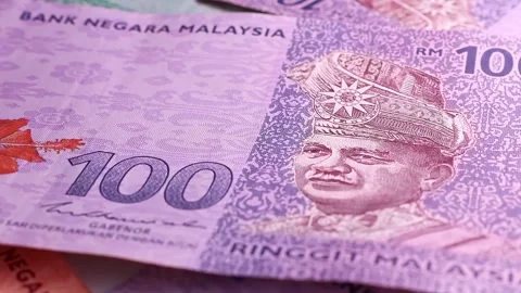Closeup view of rotating brand new Malaysian ringgit (MYR) banknotes. Stock Footage 297165667