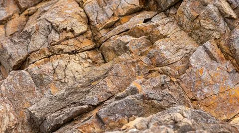 A closeup view of a rugged rock surface is showcasing intricate textures alon Stock Photos