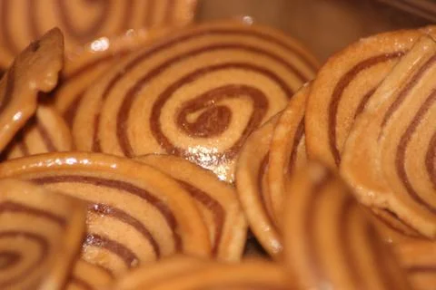 Closeup view with selective focus of a large number of round cookies Stock Photos