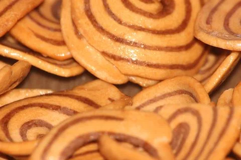 Closeup view with selective focus of a large number of round cookies Stock Photos