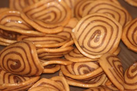Closeup view with selective focus of a large number of round cookies Stock Photos