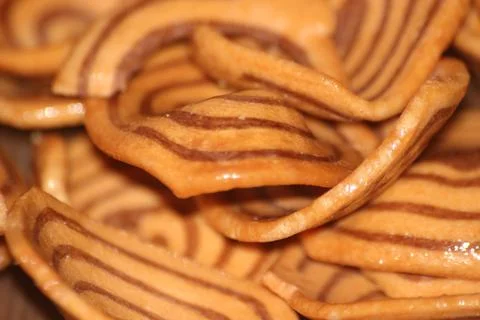 Closeup view with selective focus of a large number of round cookies Stock Photos