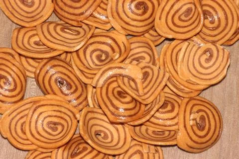 Closeup view with selective focus of a large number of round cookies Stock Photos