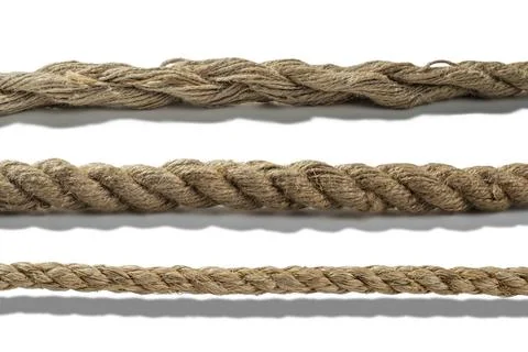 Closeup view set of various straight ropes string isolated over white backg.. Stock Photos